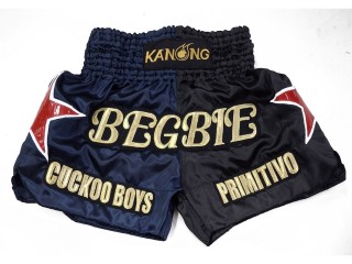 กางเกงมวยไทยปักชื่อ สีกรมท่า-ดำ : KNSCUST-1264
