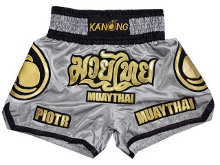 กางเกงมวยไทยปักชื่อ สีเทา : KNSCUST-1269