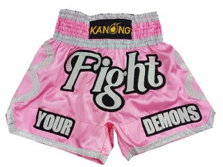 กางเกงมวยไทยปักชื่อ สีชมพู : KNSCUST-1272