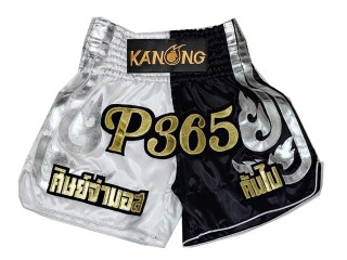 กางเกงมวยไทย สั่งทำ : KNSCUST-1287-ขาว-ดำ