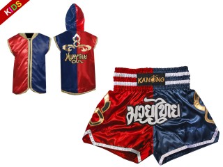 สั่งทำชุดของขวัญไทย เสื้อฮู้ด พร้อมกางเกงมวยไทย สำหรับเด็ก : รุ่น 143-แดง-กรมท่า