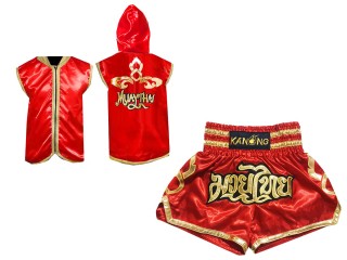 สั่งทำชุด Gift set ไทย เสื้อฮู้ด พร้อมกางเกงมวยไทย : สีแดง/ทอง