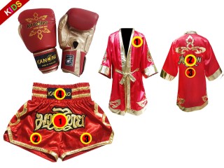 ชุด Value Set มอบเป็นของขวัญ นวมมวไยทย เสื้อคลุม พร้อมกางเกงมวยไทยปักชื่อได้ สำหรับเด็ก : สีแดง/ทอง
