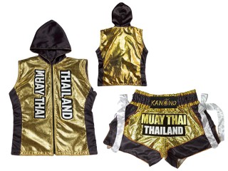 สั่งทำชุด Gift set ไทย เสื้อฮู้ด พร้อมกางเกงมวยไทย : รุ่น-004-ทอง-ดำ
