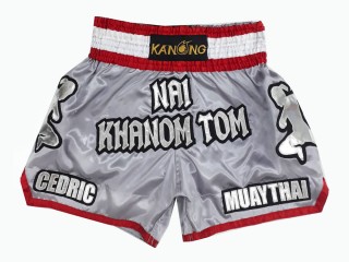 กางเกงมวยไทยปักชื่อ สีเงิน : KNSCUST-1220