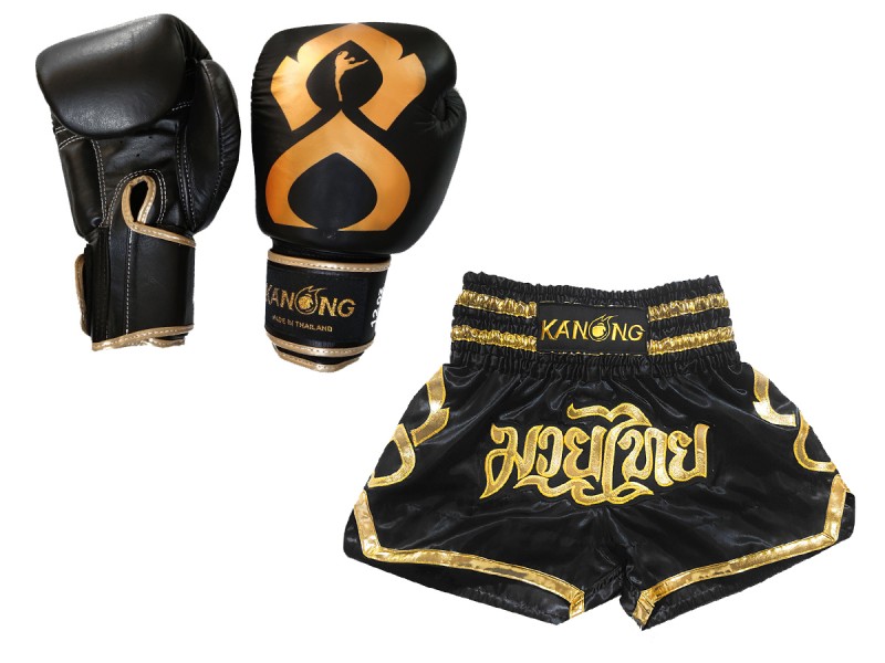 Gift Set นวมมวยไทย พร้อมกางเกงนักมวย : Set-121-Thaikick-สีดำ
