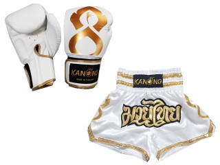 Gift Set นวมมวยไทย พร้อมกางเกงนักมวย : Set-121-Thaikick-สีขาว