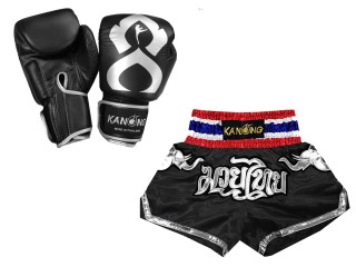 ชุด Gift Set นวมมวยไทยหนังแท้ พร้อมกางเกงนักมวย Premium : Set-125-Gloves-Thaikick-สีดำ