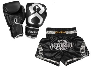 ชุด Gift Set นวมมวยไทยหนังแท้ รุ่น Thai Kick พร้อมกางเกงนักมวย Premium : Set-144-Gloves-สีดำ-สีเงิน