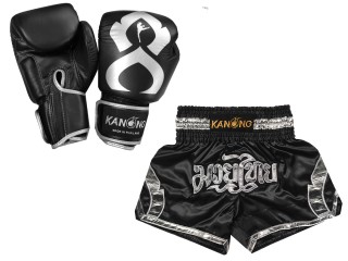 Gift Set นวมมวย + กางเกงมวยไทย : Set-144-Gloves-สีดำ-สีเงิน