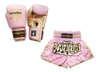ชุด Gift Set นวมมวยไทย พร้อมกางเกงนักมวย Premium : สีชมพู