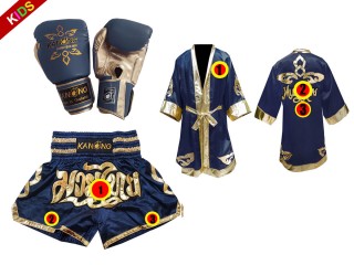ชุด Value Set มอบเป็นของขวัญ นวมมวไยทย เสื้อคลุม พร้อมกางเกงมวยไทยปักชื่อได้ สำหรับเด็ก : สีกรม/ทอง