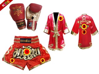 ชุด Value Set มอบเป็นของขวัญ นวมมวไยทย เสื้อคลุม พร้อมกางเกงมวยไทยปักชื่อได้ สำหรับเด็ก : สีแดง/ทอง