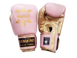 สั่งทำนวมชกมวย นวมมวยไทยหนังแท้ ใส่ชื่อ : KNGCUST-005 สีชมพูลายไทย