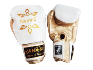 สั่งทำนวมชกมวย นวมมวยไทยหนังแท้ ใส่ชื่อ : KNGCUST-006 สีขาวลายไทย