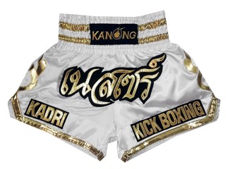 กางเกงมวยไทยปักชื่อสีขาว แบรนด์คะนอง : KNSCUST-1003