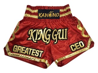 กางเกงชกมวยไทยปักชื่อสีแดง แบรนด์คะนอง : KNSCUST-1004