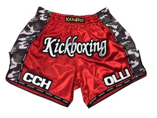 กางเกงมวยไทยสีแดงปักชื่อ : KNSCUST-1026 