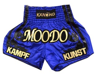 สั่งทำกางเกงมวย กางเกงมวยไทยปักชื่อ สีน้ำเงินลายไทย : KNSCUST-1057