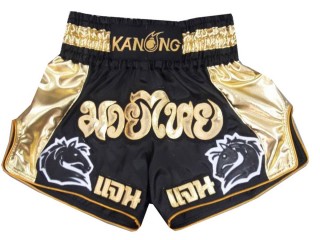 กางเกงมวยไทยปักชื่อ สีดำทอง : KNSCUST-1063