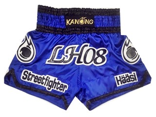 กางเกงมวยไทยสีน้ำเงินปักชื่อ สีน้ำเงินลายนวม : KNSCUST-1067