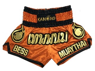 กางเกงมวยไทยปักชื่อ สีส้ม ลายนวมทอง : KNSCUST-1089