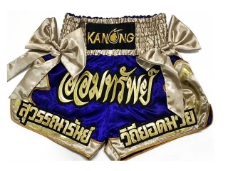กางเกงมวยไทยปักชื่อ สีน้ำเงิน โบว์ทอง : KNSCUST-1095