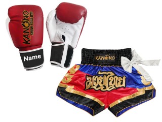 นวมมวยไทย + กางเกงมวยปักชื่อ : KNSETCUST-028
