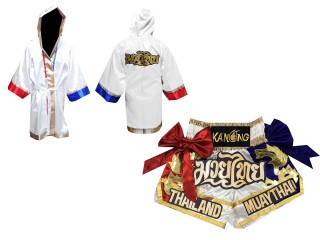 สั่งทำชุดของขวัญไทย เสื้อคลุม พร้อมกางเกงมวยไทย : สีขาว ธงชาติ