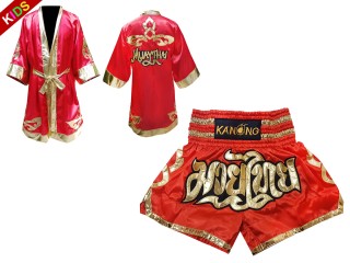 ชุด Value Set มอบเป็นของขวัญ เสื้อคลุม พร้อมกางเกงมวยไทย สำหรับเด็ก : สีแดง/ทอง